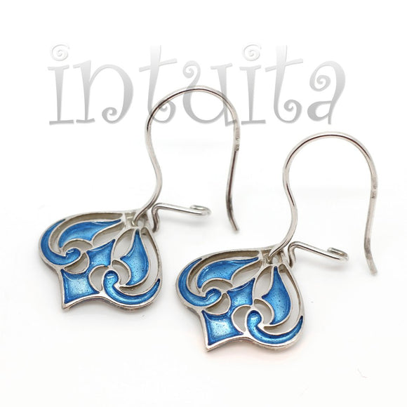 Blue Color Enamel and Delicate Lily Flower Design Sterling Silver Dangle Earrings