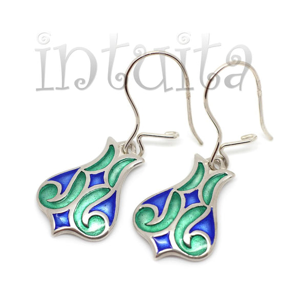 Delicate Tulip Design Green and Blue Enamel and Sterling Silver Dangle Earrings