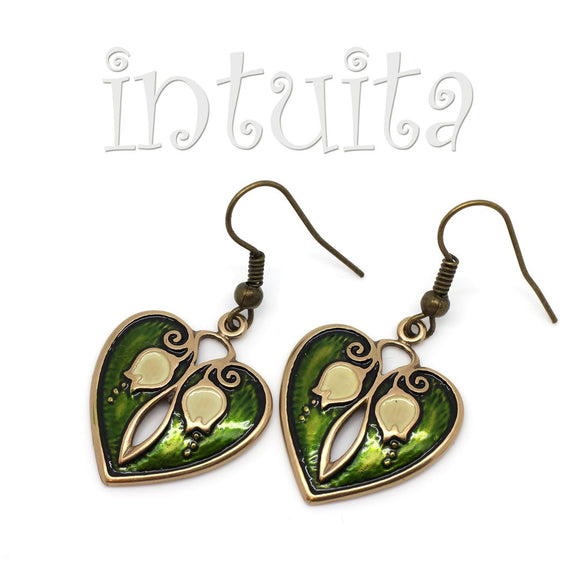 Green Heart Bronze Earrings with Lily of The Valley Flower Pattern