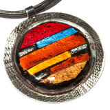 Large Round Statement Style Brown, Red And Blue Mosaic Fused Glass Necklace
