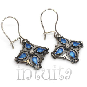 Handmade Enamel and Delicate Rosette Design Sterling Silver Dangle Earrings, Necklace