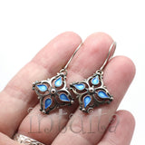 Light Blue Shade Enamel and Delicate Rosette Design Sterling Silver Dangle Earrings