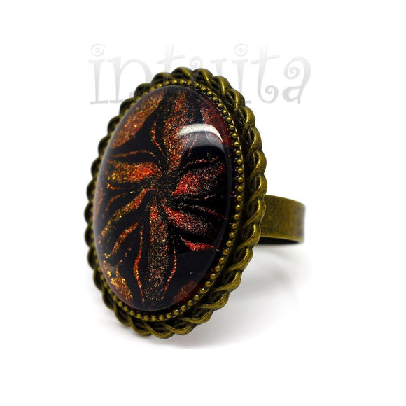 Golden Bronze Color Handpainted Oval Shape Glass Ring