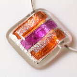 Handmade Square Shape Fused Glass Necklace with Leather Cord