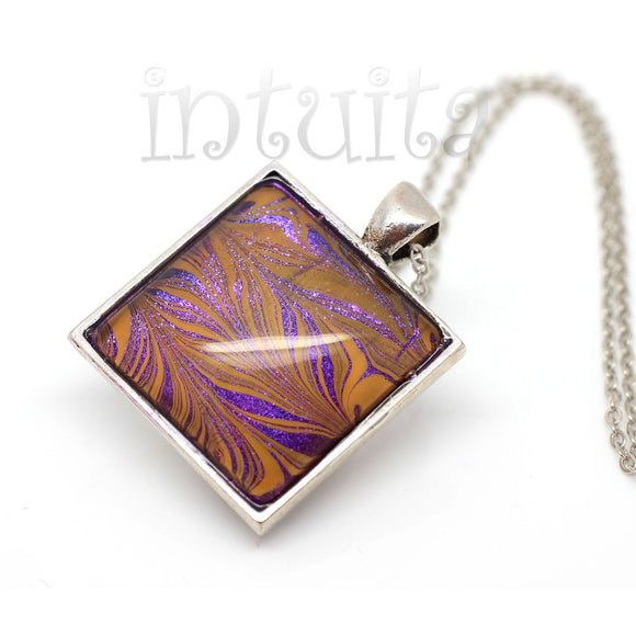 Purple And Orange Handpainted Square Shape Glass Necklace