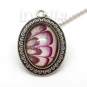 Iridescent Pink And White Handpainted Oval Shape Glass Necklace