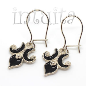 Black Color Enamel and Delicate Lily Flower Design Sterling Silver Dangle Earrings