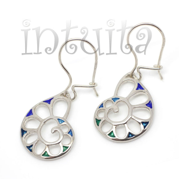 Blue and Green Shade Enamel and Delicate Nautilus Design Sterling Silver Dangle Earrings