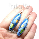 Blue Enamel Dangle Earrings With Colorful Flower Pattern