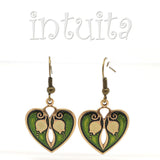 Green Heart Bronze Earrings with Lily of The Valley Flower Pattern