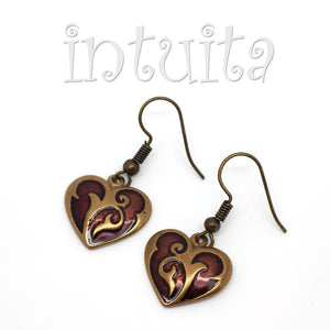 Chocolate Brown Heart Shape Bronze Earrings with Lace Pattern
