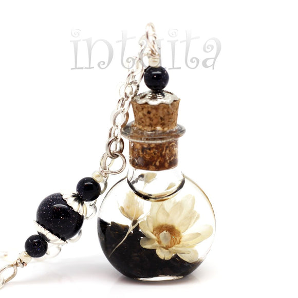 Black And White Love Potion Pendant with Real Dried Flowers Floating Inside