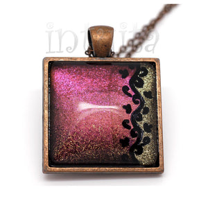 Sparkly Purple And Gold Color Handpainted Glass Necklace with Black Tendrils