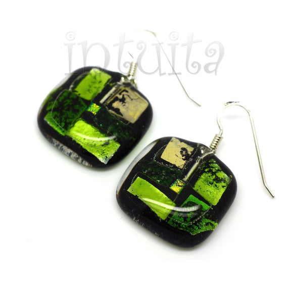 White And Forest Green Mosaic Fused Glass Earrings