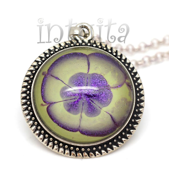 Purple And Light Green Handpainted Round Glass Necklace