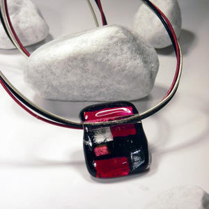 Small Red Black And White Fused Glass Necklace with Dichroic