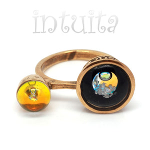 Adjustable Size Black And Gold Glass Ring With Floating Diamonds