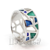 Filigree Lace Design Blue and Green Enamel and Sterling Silver Mosaic Ring