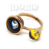 Adjustable Size Handmade Black And Gold Glass Ring With Floating VS-1 Diamonds