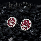 High Fashion Style Small Round Red Plexiglas and Sterling Silver Studs with Folk Art Motif