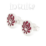 High Fashion Style Small Round Red Plexiglas and Sterling Silver Studs with Folk Art Motif