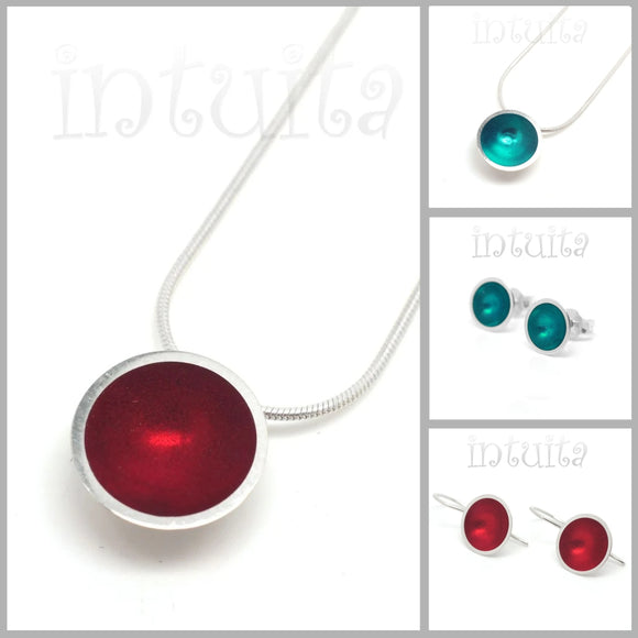 High Fashion Minimalist Style Handmade Round Resin and Sterling Silver Necklaces, Dangle Earrings, Studs