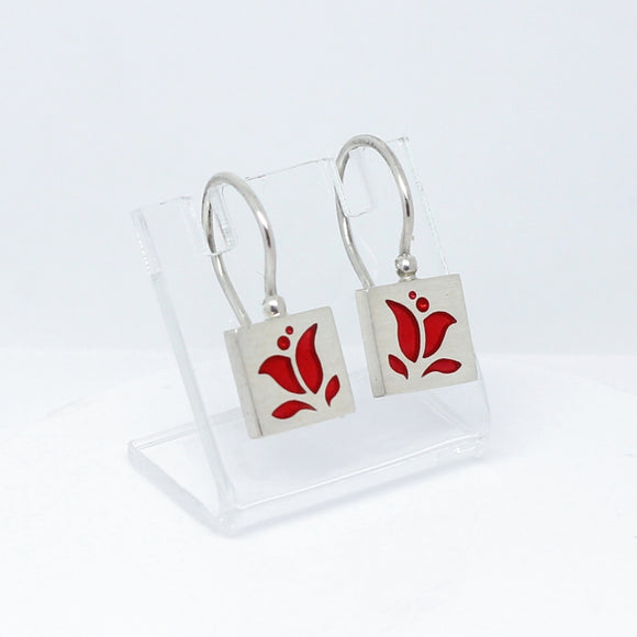 High Fashion Style Tulip Design Chili Red Plexiglas and Sterling Silver Earrings