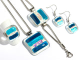 Handmade Rounded Square Fused Glass Necklace with Surgical Steel Snake Chain