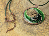 Large, Green Enamel Necklace With Tendril Copper Design