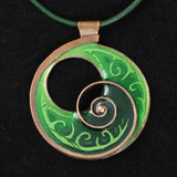 Large, Green Enamel Necklace With Tendril Copper Design
