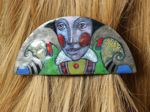 Enamel on Copper Hairgrip With Detailed Face and Red Cheeks