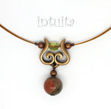 Art Nouveau Style Dainty Handmade Double Tendril Bronze Necklace with Gemstone Bead