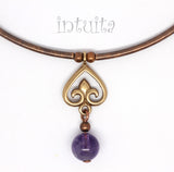 Art Nouveau Style Dainty Bronze Liliom Heart Necklace with Amethyst Bead