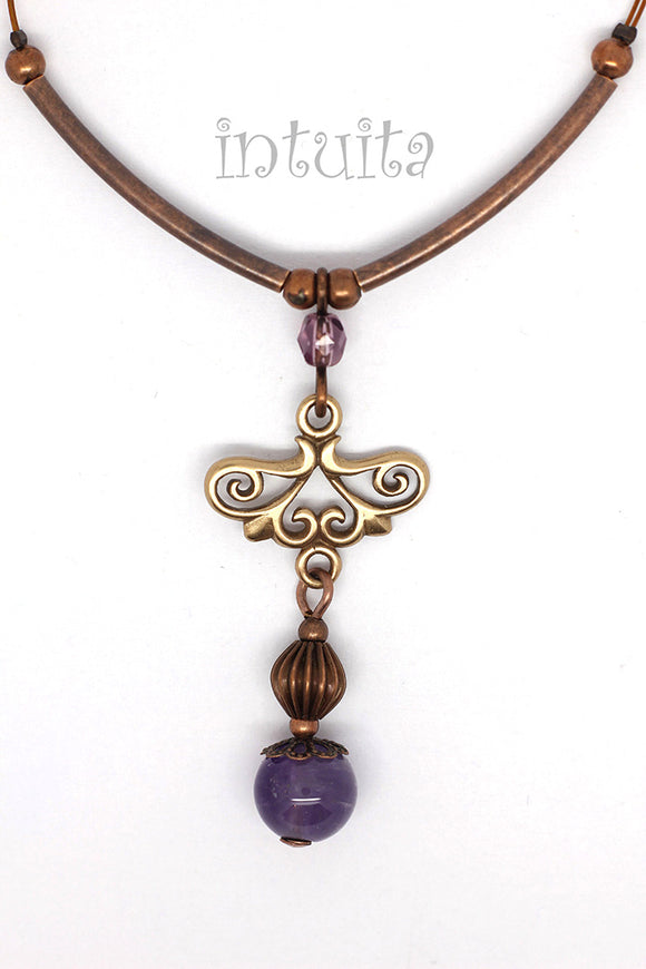 Art Nouveau Style Bronze Lace Necklace with Amethyst Bead