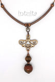 Art Nouveau Style Handmade Bronze Lace Necklace with Gemstone Bead