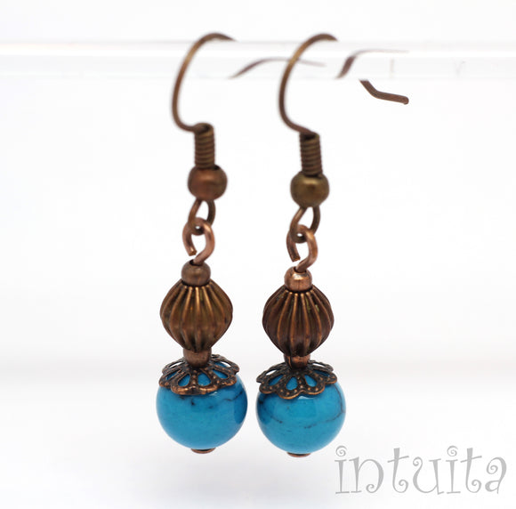 Blue Agate Earrings with Bronze Beads and Hooks