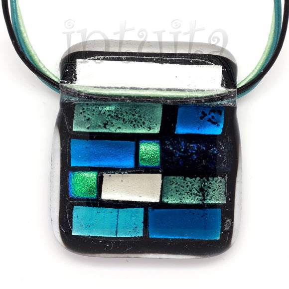Blue and Green Square Fused Glass Necklace with Dichroic