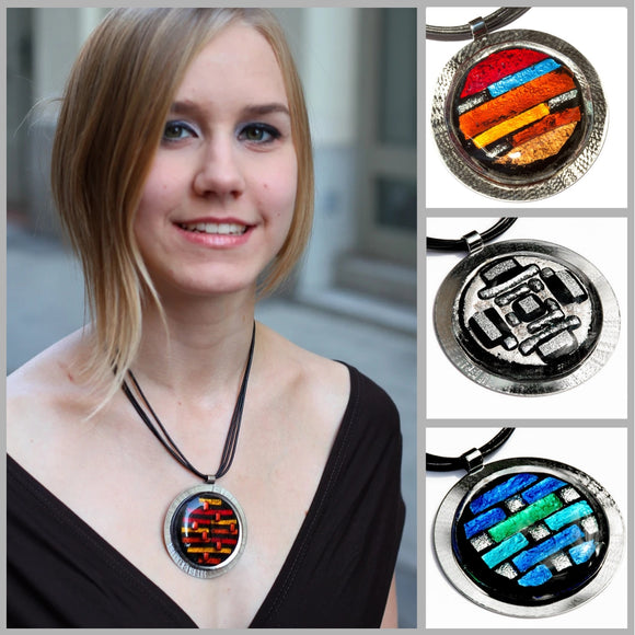 Large Round Statement Style Handmade Mosaic Fused Glass Necklace