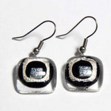Black And Silver Rounded Square Fused Glass Earrings with Dichroic