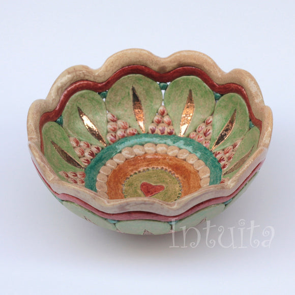 Small Flat Green, Orange, Claret and Beige Color Gilded Mosaic Ceramic Bowl