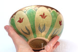 Kiwi Green Color Gilded Etched Small Ceramic Bowl With Wild Flower Design