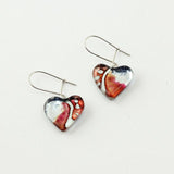 Heart Shape Shape Claret and Sparkly Silver Color Handpainted Glass Earrings