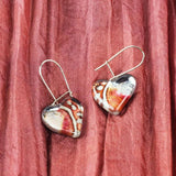 Heart Shape Shape Claret and Sparkly Silver Color Handpainted Glass Earrings
