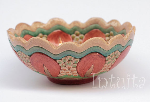 Mandala Leaf Design Terracotta Orange and Beige Color Gilded Mosaic Ceramic Bowl
