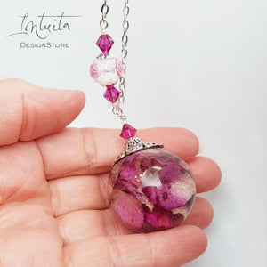 Soft Pink Real Rose Flower Petals Incased In Resin Sphere Necklace