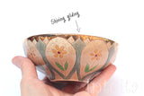 Pastel Peach and Blue Color Gilded Etched Small Ceramic Bowl With Wild Flower Design