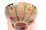 Beige and Green Color Gilded Etched Small Ceramic Bowl With Wild Flower Design